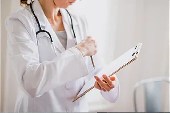 A doctor checking patient information on her clipboard.