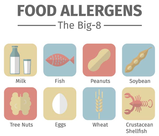 The 'big 8' food allegies - milk, wheat, egg, soy, peanut and tree nut, and fish and shellfish