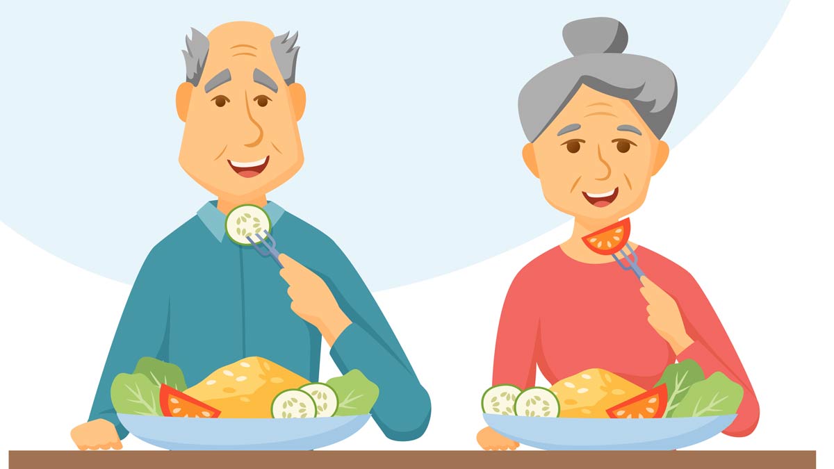 Graphic: an elderly couple with a good diet. Many things can affect our eating habits as we age.