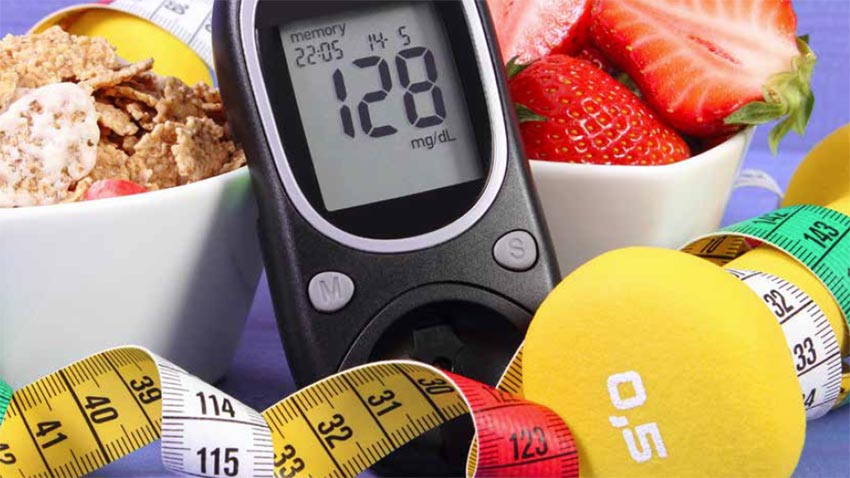 Managing Diabetes in the Golden Years. Photo of glucometer, healthy foods and measuring tape.