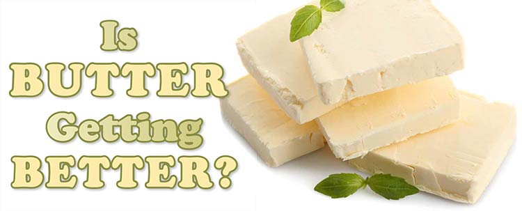 Pats of butter with text title. Story graphic for: Is butter getting better?