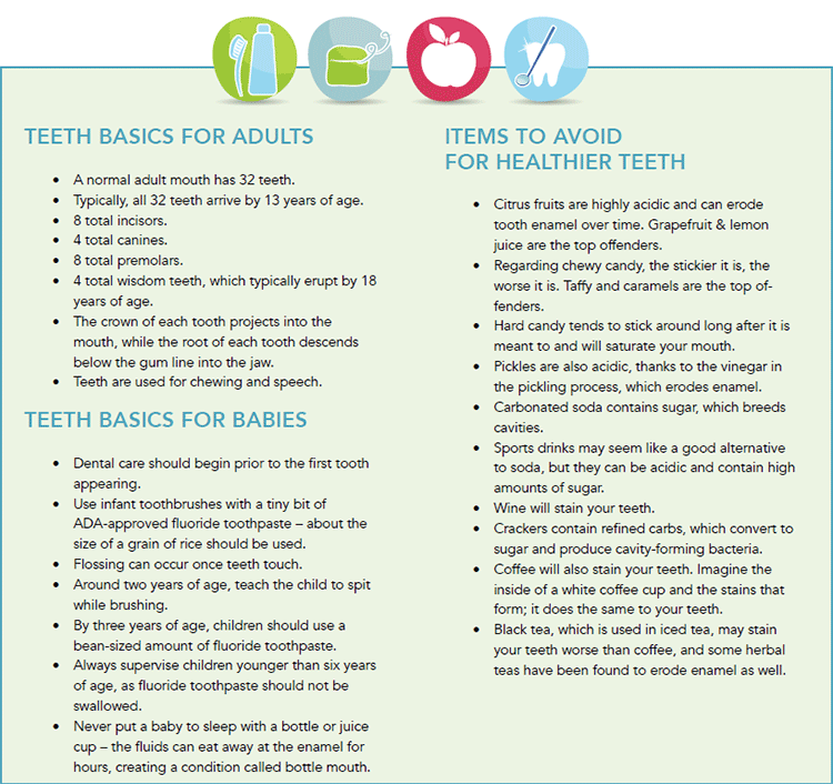 Tooth basics for adults and babies. Things to avoid for healthier teeth