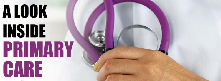 Graphic: A doctor holds a stethoscope, the title shown is - A Look Inside Primary Care