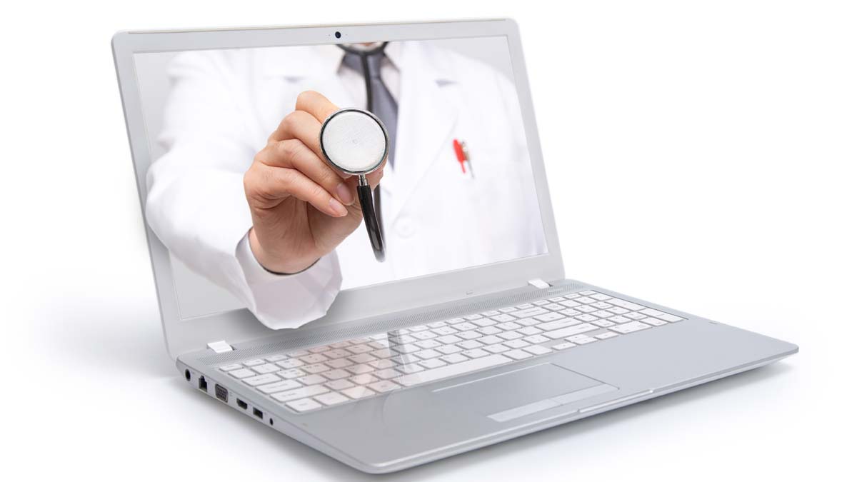 TELEMEDICINE. A Doctor's arm comes out of a laptop.