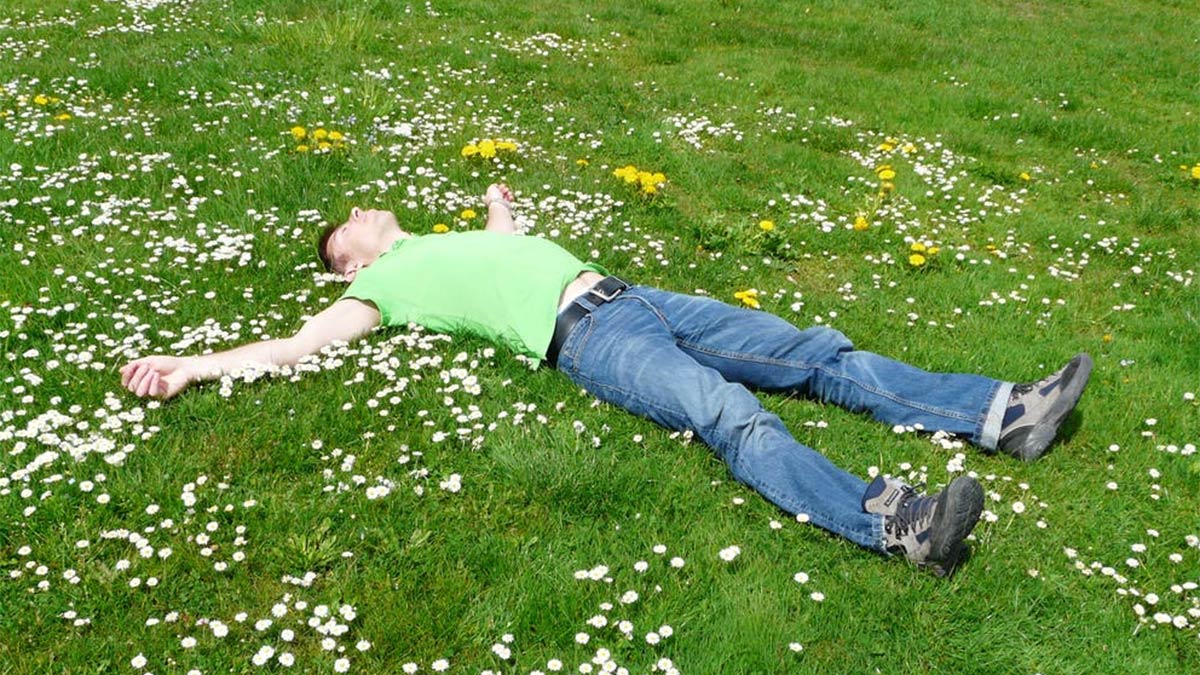 A tired man sleeping in the grass