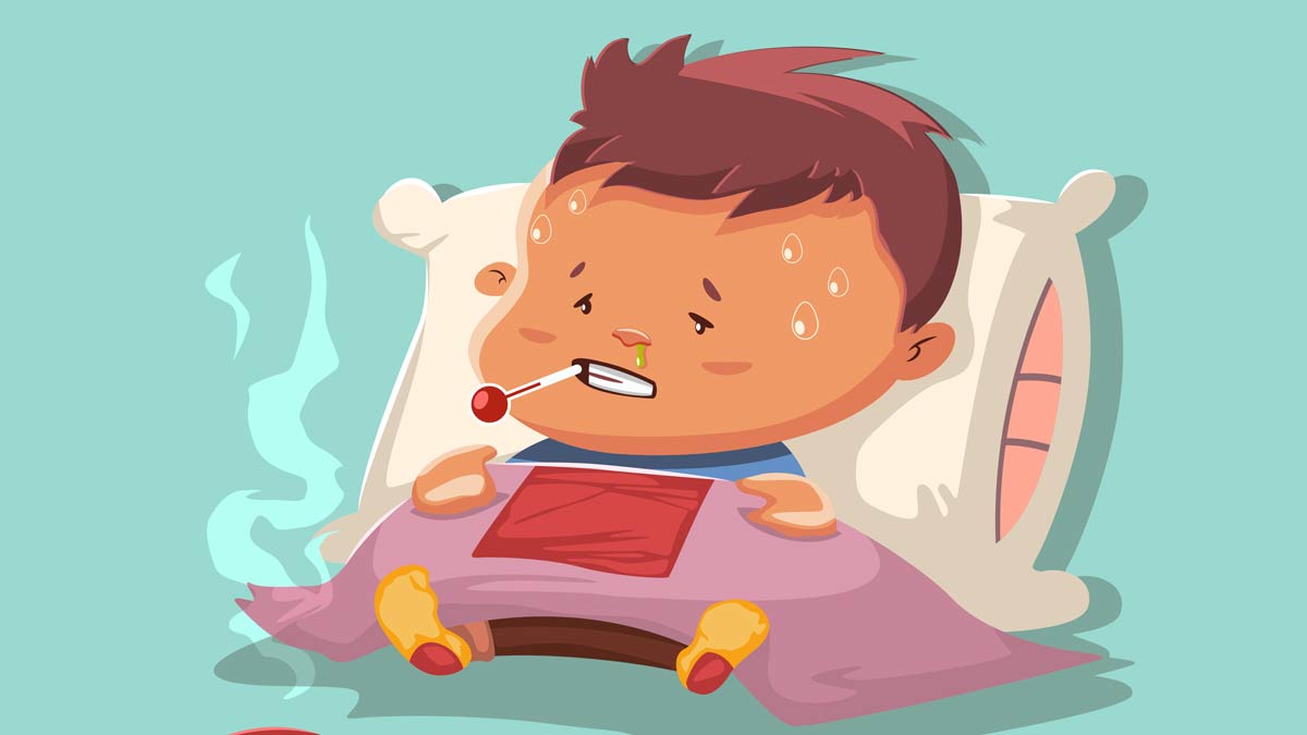 An illustration of a sick boy with a pillow and blanket and a thermometer in his mouth