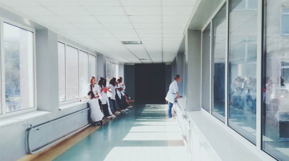 Doctors and nurses in a hospital hallway