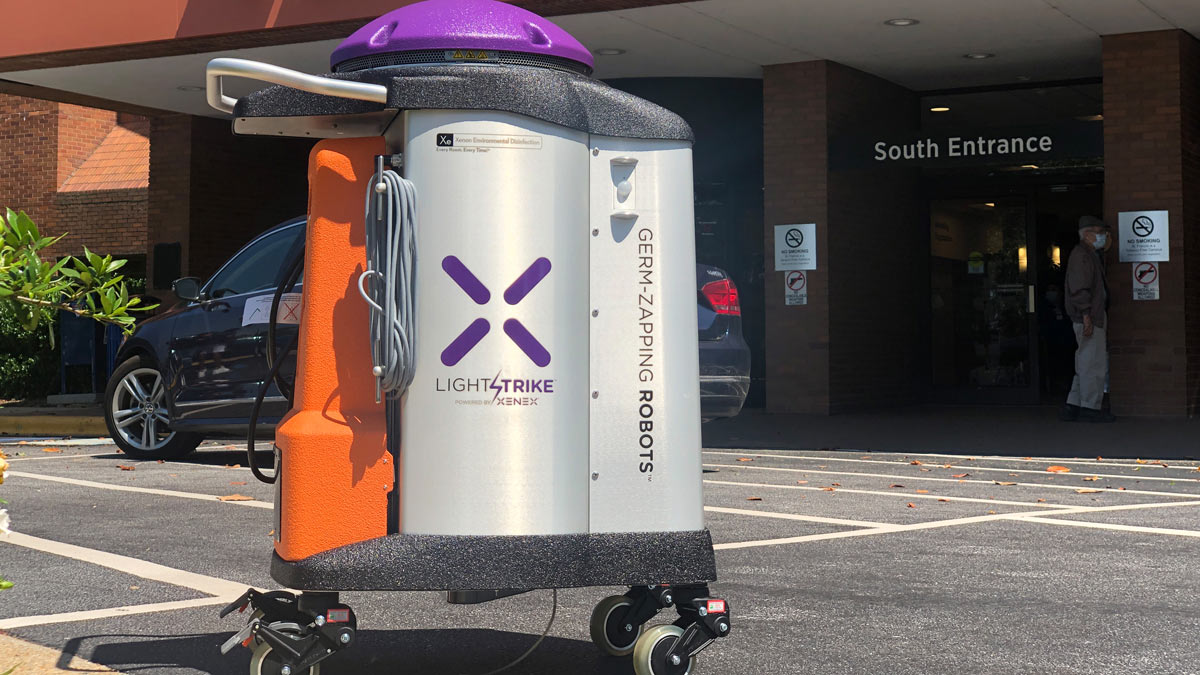 A Xenex LightStrike Germ-Zapping Robot that uses high-intensity ultraviolet light to kill microbes such as viruses and bacteria, used at Bon Secours.