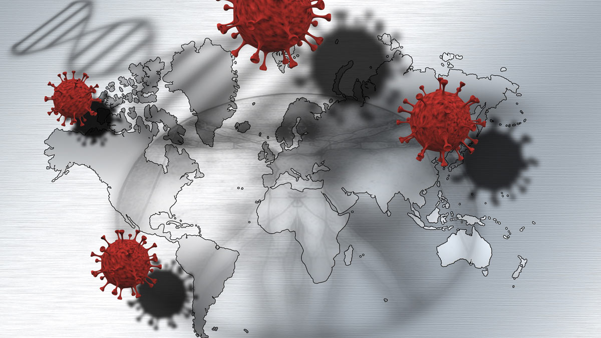 Illlustration of the SARS-CoV-2 "taking the world", a graphic depicting the COVID-19 Pandemic.