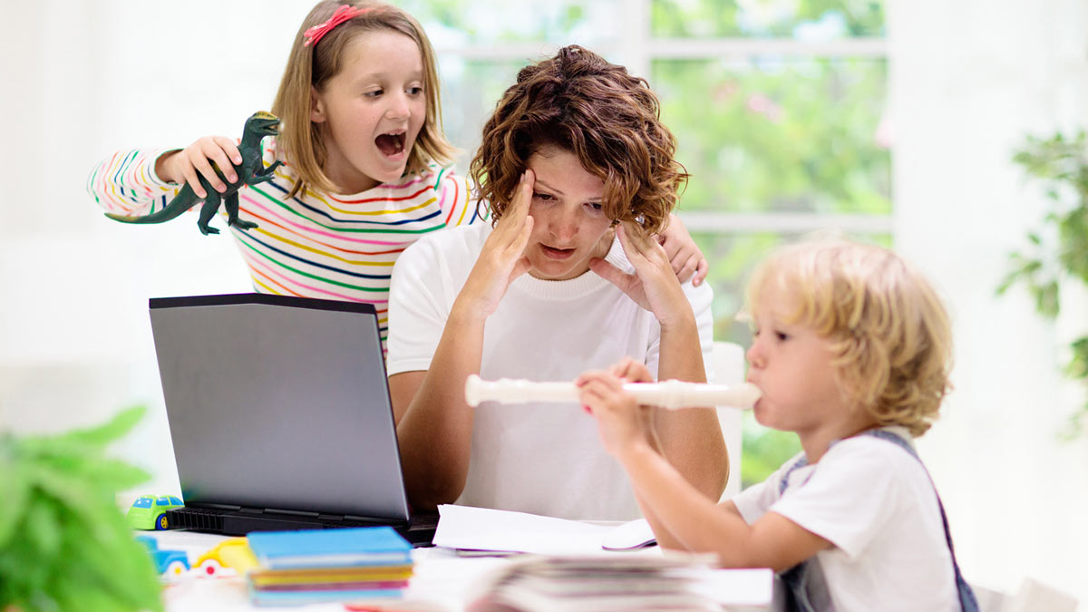 Daily family interactions, a mom at home with her 2 children.