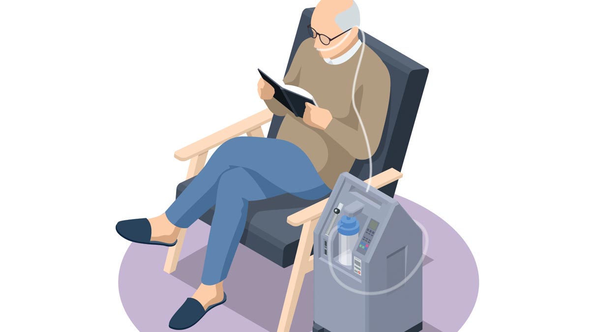 Illustration: An older man sits in a chair and reading a book gets oxygen therapy