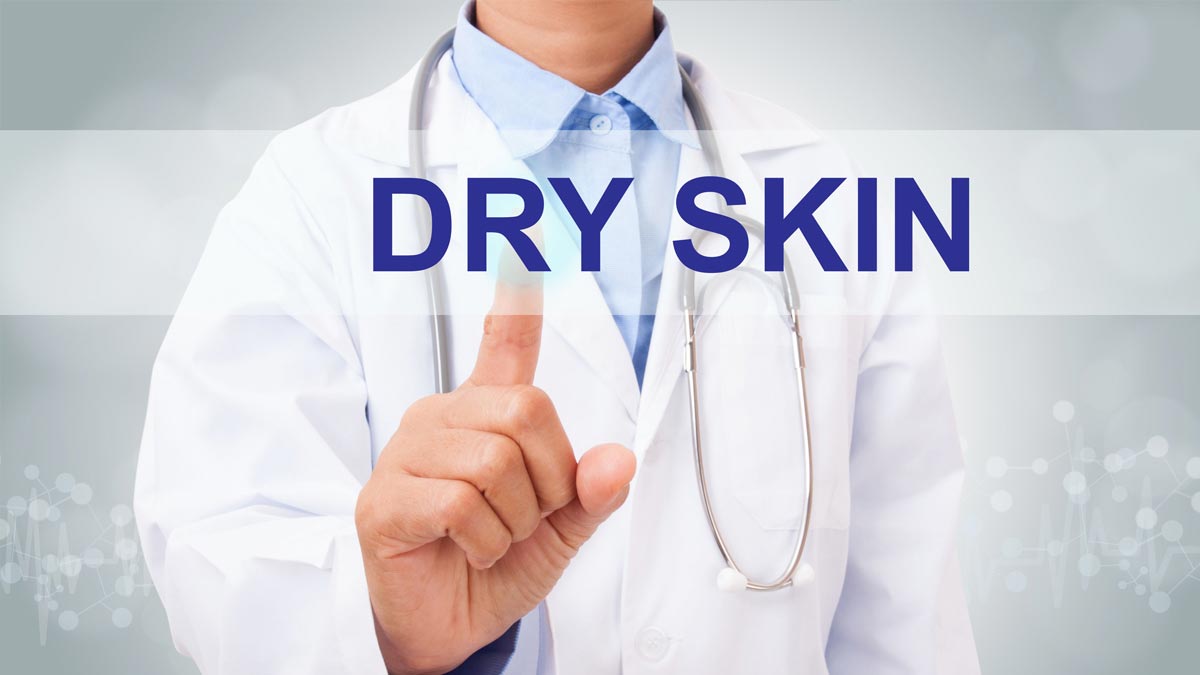 A dermatologist pointing at the words "Dry Skin"