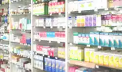 Shelves with medications at Herold's Pharmacy