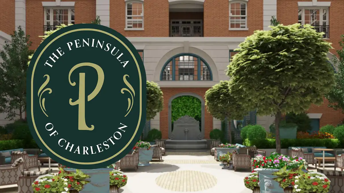 The Peninsula of Charleston: Lower Courtyard photo with logo.