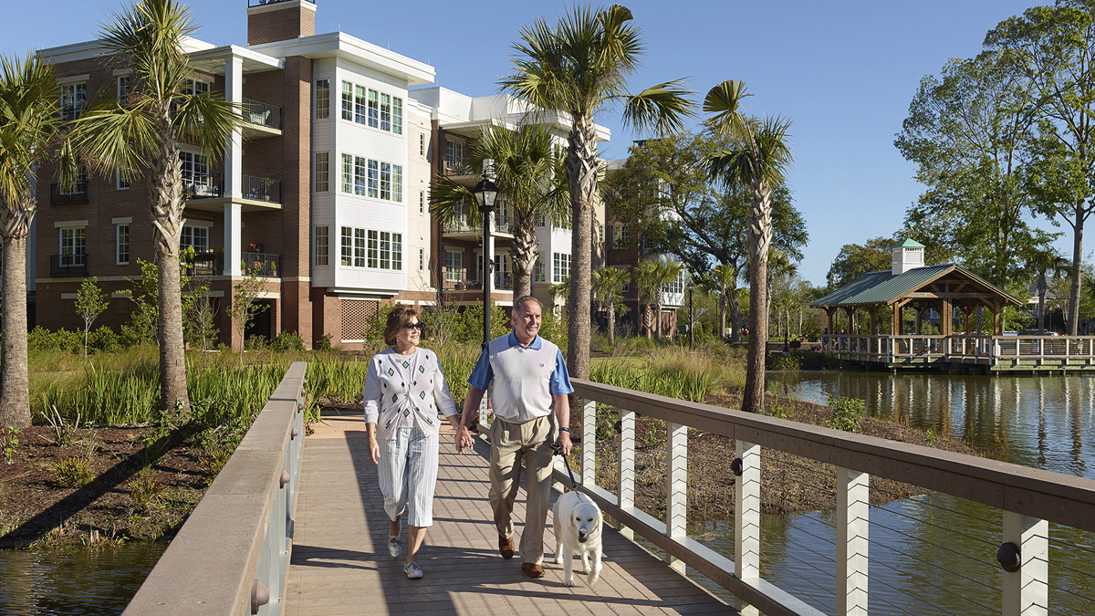 Photo of a man and woman walking with a dog