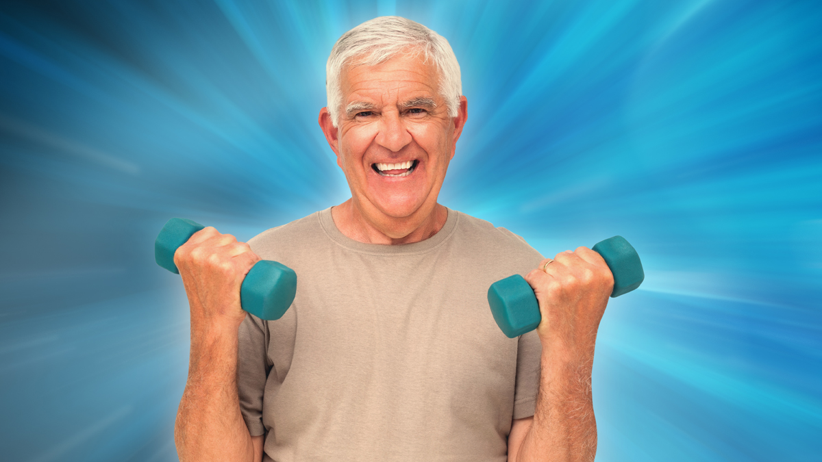 Photo of an older man who has weights in both of his hands